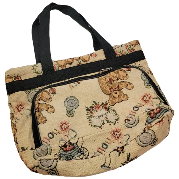 Vintage Bovano Tapestry Made USA Teddy Bear Country House Tote Bag - Picture 1 of 8